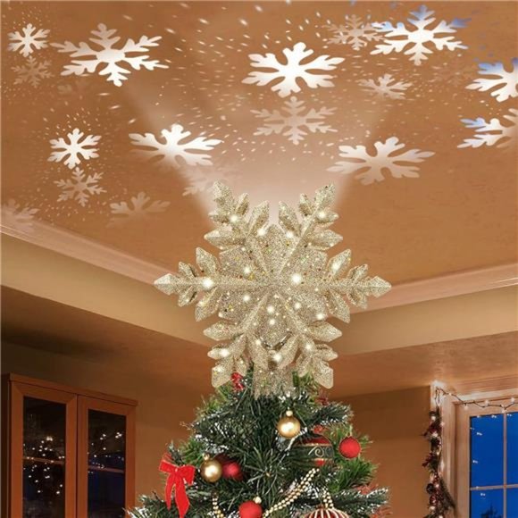Christmas Tree Topper Lighted with Golden Snowflake Projector, Led - Picture 1 of 6